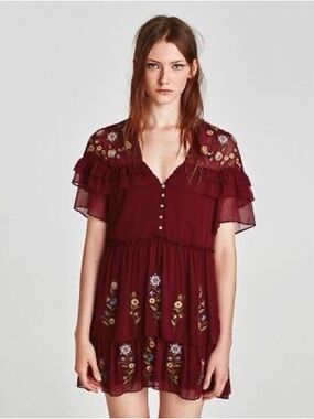 Zara Medium Burgundy Floral Embroidered Frilled Ruffle Sleeve Mini Casual Dress